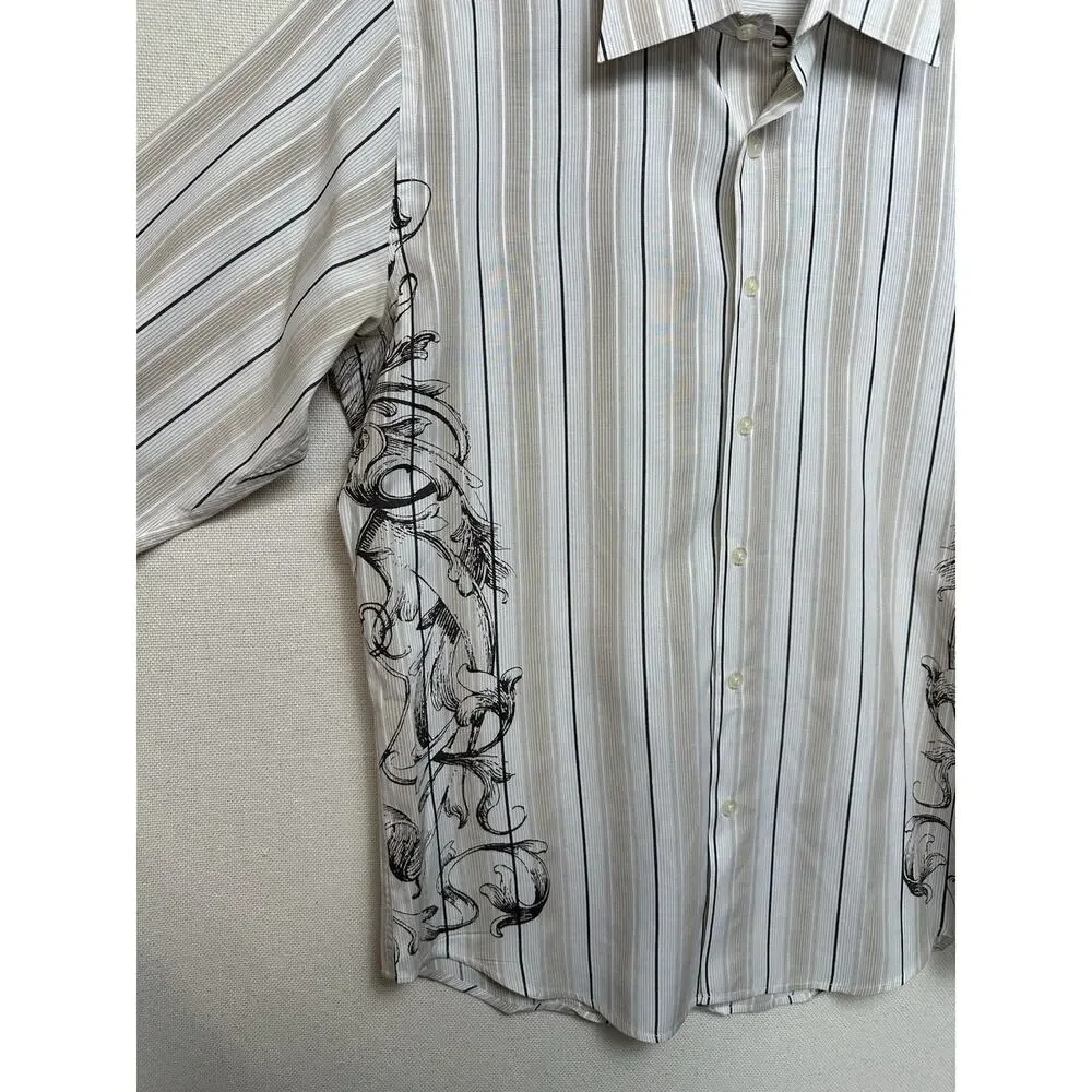 Revolve‎ Shirt Mens Tan Embellished Emroidered Button Long Sleeve Sz Lg Y2K